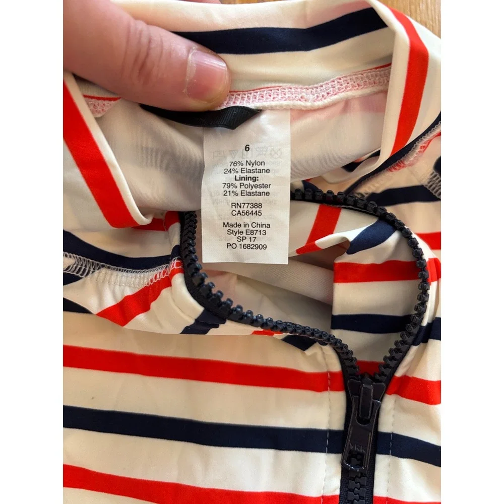 J.Crew Nautical Stripe Long Sleeve Rash Guard One Piece Swimsuit Red Navy size 6